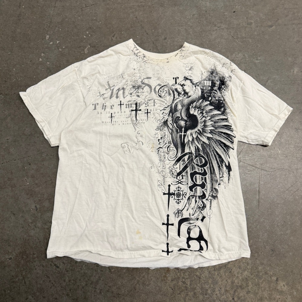 Urban Legends Mens XL Graphic T-Shirt Cream Gothic Cross Griffin‎ Y2K Streetwear